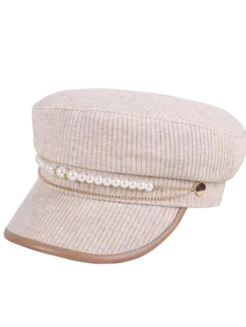 Beige Pearl Chain Cabbie Newsboy Hat Adjustable NWT